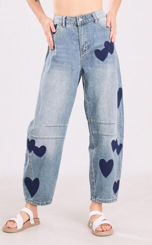 CHARTOU Y2k Barrel Jeans Women Wide Leg Baggy Distressed Printed Boyfriend Horseshoe Denim Pants in Kuwait