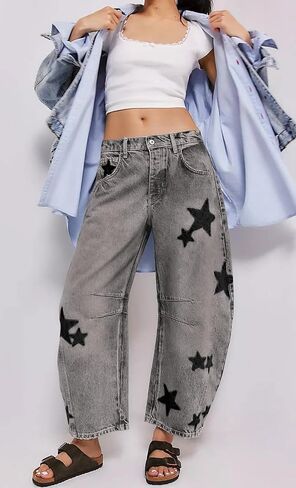 CHARTOU Y2k Barrel Jeans Women Wide Leg Baggy Distressed Printed Boyfriend Horseshoe Denim Pants in Saudi Arabia