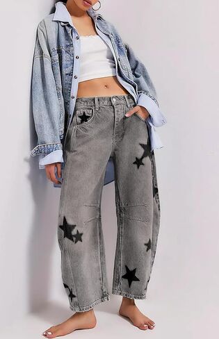 CHARTOU Y2k Barrel Jeans Women Wide Leg Baggy Distressed Printed Boyfriend Horseshoe Denim Pants in Saudi Arabia