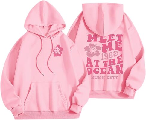 Cute Pink Flower Hoodie for Woman Preppy Sweatshirts Trendy Puff Print Letter Graphic Hoodies Casual Pullover Tops in Saudi Arabia