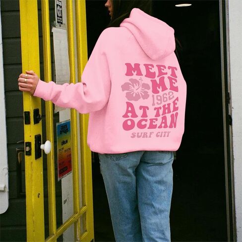Cute Pink Flower Hoodie for Woman Preppy Sweatshirts Trendy Puff Print Letter Graphic Hoodies Casual Pullover Tops in Saudi Arabia