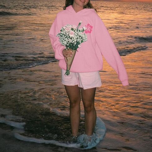 Cute Pink Flower Hoodie for Woman Preppy Sweatshirts Trendy Puff Print Letter Graphic Hoodies Casual Pullover Tops in Saudi Arabia
