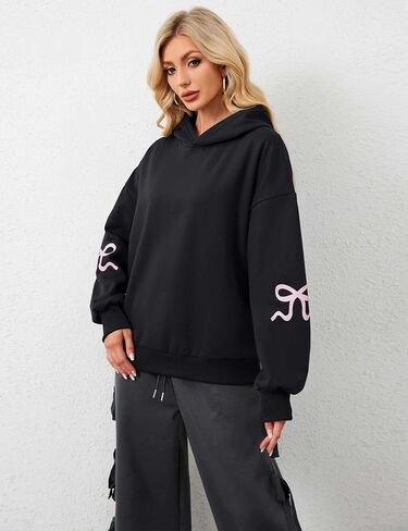 OLAPTA Women Oversized Bow Trim Print Hoodies Long Sleeve Fleeced Casual Graphic Pullover Trendy Fall Hooded Sweatshirts Top in Kuwait