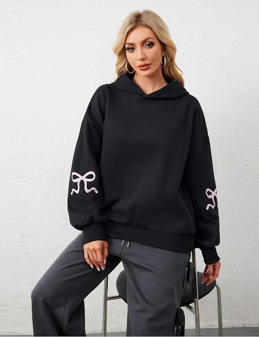 OLAPTA Women Oversized Bow Trim Print Hoodies Long Sleeve Fleeced Casual Graphic Pullover Trendy Fall Hooded Sweatshirts Top in Kuwait