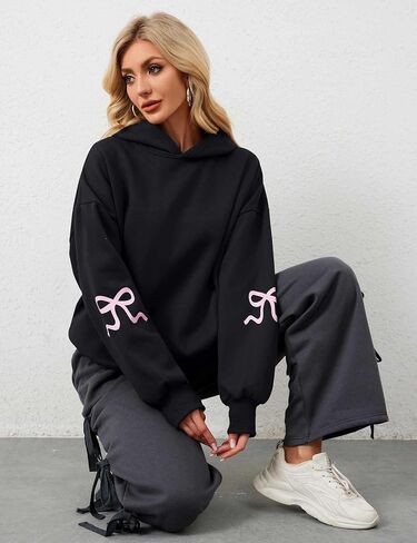 OLAPTA Women Oversized Bow Trim Print Hoodies Long Sleeve Fleeced Casual Graphic Pullover Trendy Fall Hooded Sweatshirts Top in Kuwait