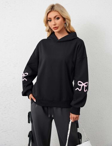 OLAPTA Women Oversized Bow Trim Print Hoodies Long Sleeve Fleeced Casual Graphic Pullover Trendy Fall Hooded Sweatshirts Top in Kuwait