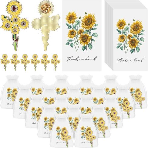 36 Sets Gold Yellow Sunflower Brooch Pins with Sunflower Thank You Cards and Mesh Drawstring White Organza Bags for Women Employee Wedding Favors Thank You Gifts(Classic) in Kuwait