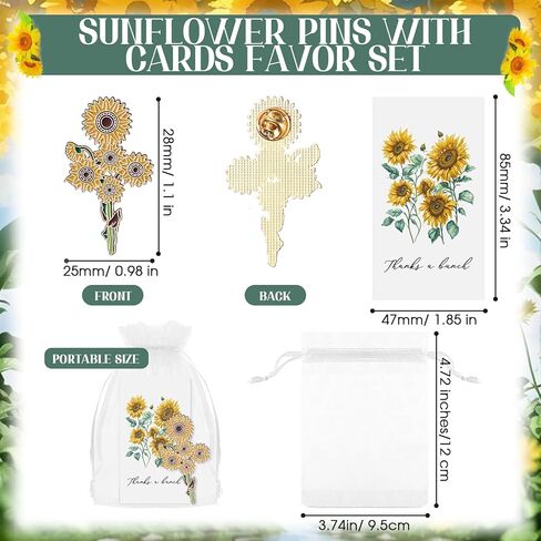 36 Sets Gold Yellow Sunflower Brooch Pins with Sunflower Thank You Cards and Mesh Drawstring White Organza Bags for Women Employee Wedding Favors Thank You Gifts(Classic) in Kuwait