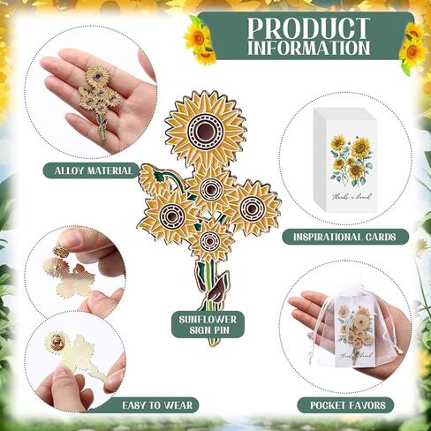 36 Sets Gold Yellow Sunflower Brooch Pins with Sunflower Thank You Cards and Mesh Drawstring White Organza Bags for Women Employee Wedding Favors Thank You Gifts(Classic) in Kuwait