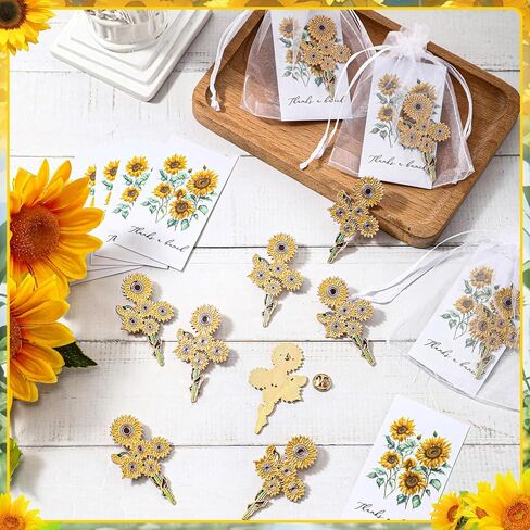 36 Sets Gold Yellow Sunflower Brooch Pins with Sunflower Thank You Cards and Mesh Drawstring White Organza Bags for Women Employee Wedding Favors Thank You Gifts(Classic) in Kuwait