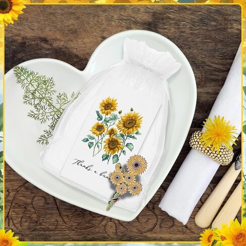 36 Sets Gold Yellow Sunflower Brooch Pins with Sunflower Thank You Cards and Mesh Drawstring White Organza Bags for Women Employee Wedding Favors Thank You Gifts(Classic) in Kuwait