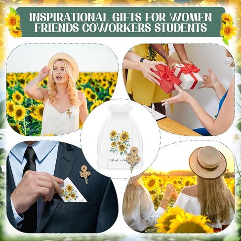 36 Sets Gold Yellow Sunflower Brooch Pins with Sunflower Thank You Cards and Mesh Drawstring White Organza Bags for Women Employee Wedding Favors Thank You Gifts(Classic) in Kuwait