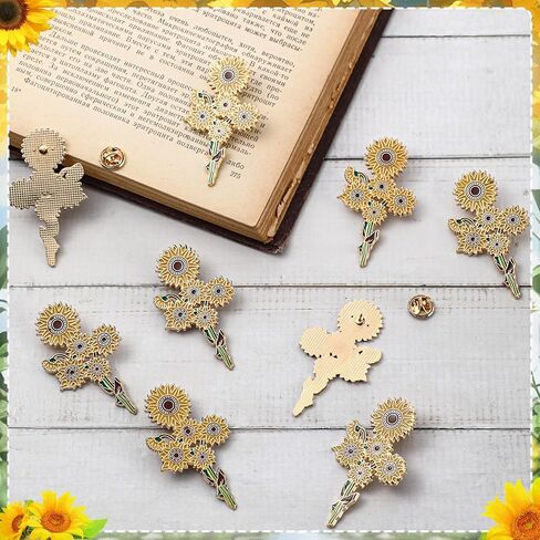 36 Sets Gold Yellow Sunflower Brooch Pins with Sunflower Thank You Cards and Mesh Drawstring White Organza Bags for Women Employee Wedding Favors Thank You Gifts(Classic) in Kuwait