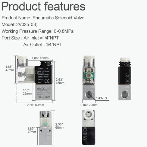 VIILOCK Pneumatic Solenoid Valve, 2 Position 2 Way 1/4"NPT Electric Solenoid Air Valve Normally Closed 2V025-08 (DC24V) in Saudi Arabia