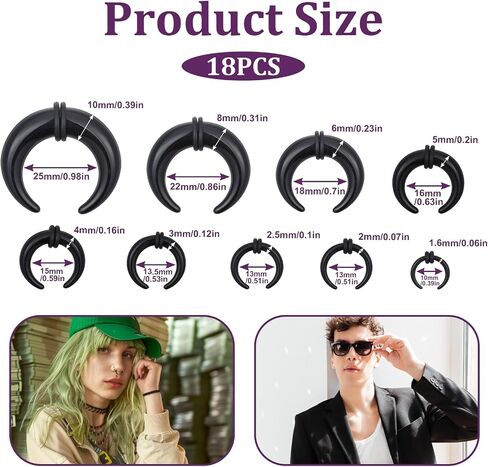 18 PCS Acrylic Septum Stretching Kit, Black and White C Shape Septum Pincher Tapers Stretching Expander Rings for Nose Ear for Women Men Gauges Size 14G 12G 10G 8G 6G 4G 2G 0G 00G in Saudi Arabia