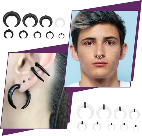 18 PCS Acrylic Septum Stretching Kit, Black and White C Shape Septum Pincher Tapers Stretching Expander Rings for Nose Ear for Women Men Gauges Size 14G 12G 10G 8G 6G 4G 2G 0G 00G in Saudi Arabia
