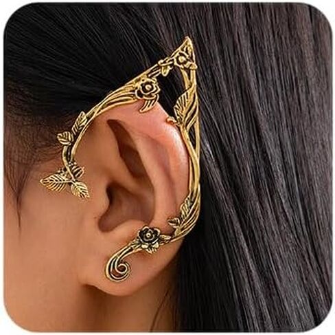 Octwine Vintage Statement Gold Silver Elf Ear Flower Earring Cuffs Simple Earrings Elf Cosplay Cuffs Wrap Earrings Fairy Ears Costume Cosplay Wedding Prom Bar Earrings for Women in Saudi Arabia