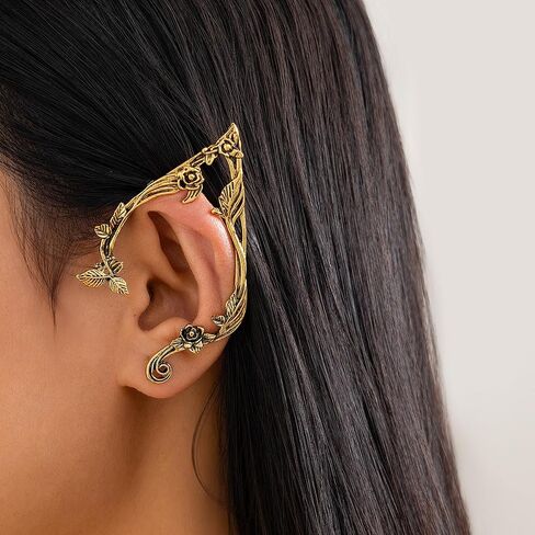 Octwine Vintage Statement Gold Silver Elf Ear Flower Earring Cuffs Simple Earrings Elf Cosplay Cuffs Wrap Earrings Fairy Ears Costume Cosplay Wedding Prom Bar Earrings for Women in Saudi Arabia