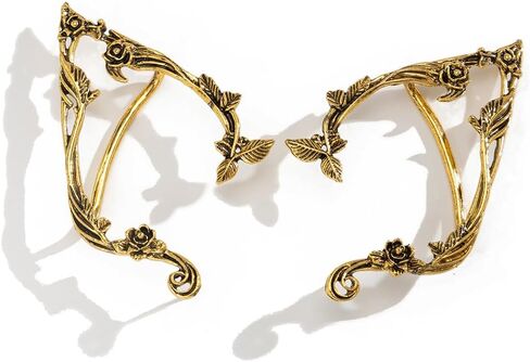 Octwine Vintage Statement Gold Silver Elf Ear Flower Earring Cuffs Simple Earrings Elf Cosplay Cuffs Wrap Earrings Fairy Ears Costume Cosplay Wedding Prom Bar Earrings for Women in Saudi Arabia