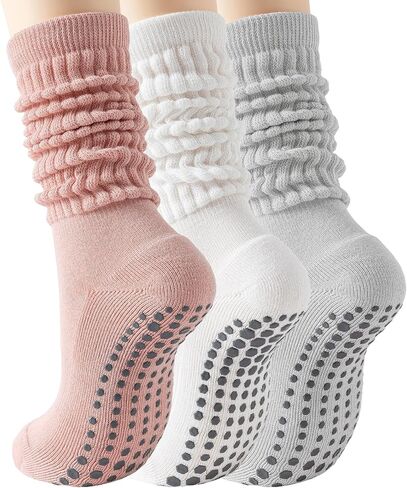 HOUZONIY 3 Pairs Pilates Socks with Grips for Women Non Slip Yoga Long Slouch Socks for Barre Dance Barefoot Workout Hospital in Saudi Arabia