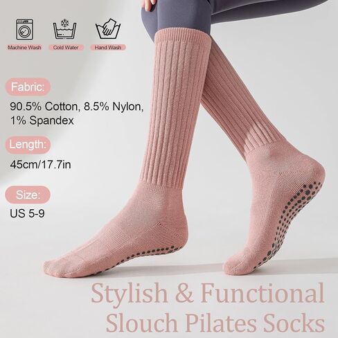 HOUZONIY 3 Pairs Pilates Socks with Grips for Women Non Slip Yoga Long Slouch Socks for Barre Dance Barefoot Workout Hospital in Saudi Arabia