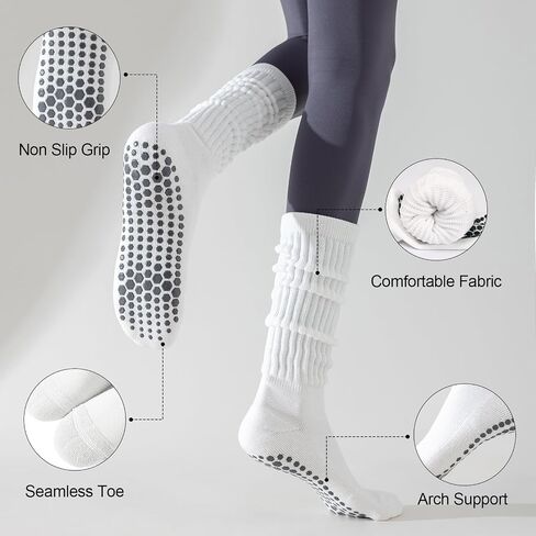 HOUZONIY 3 Pairs Pilates Socks with Grips for Women Non Slip Yoga Long Slouch Socks for Barre Dance Barefoot Workout Hospital in Saudi Arabia