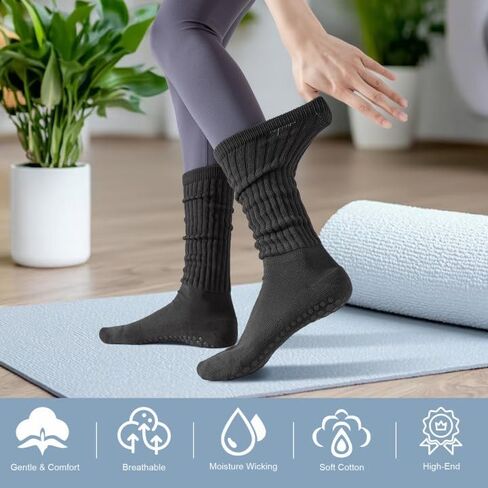HOUZONIY 3 Pairs Pilates Socks with Grips for Women Non Slip Yoga Long Slouch Socks for Barre Dance Barefoot Workout Hospital in Saudi Arabia