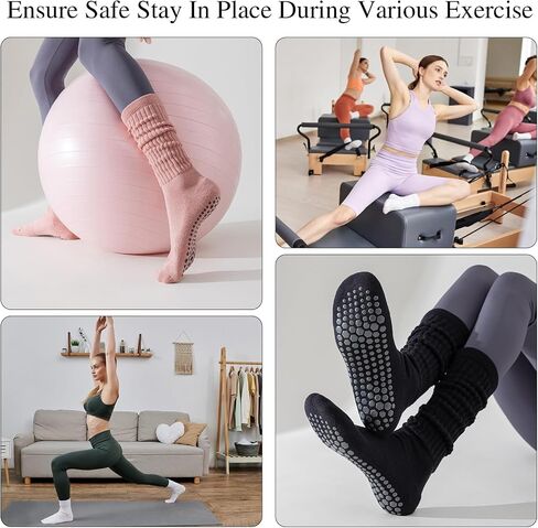 HOUZONIY 3 Pairs Pilates Socks with Grips for Women Non Slip Yoga Long Slouch Socks for Barre Dance Barefoot Workout Hospital in Saudi Arabia