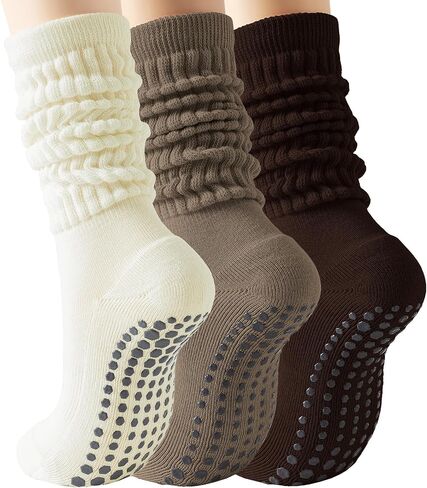 HOUZONIY 3 Pairs Pilates Socks with Grips for Women Non Slip Yoga Long Slouch Socks for Barre Dance Barefoot Workout Hospital in Saudi Arabia