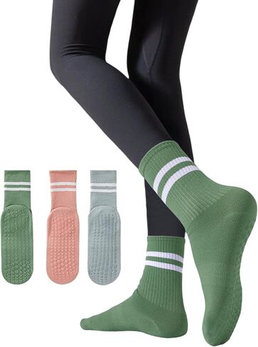 Moon Wood 3 Pairs Pilates Socks with Grips for Women Non Slip Yoga Socks for Barre Ballet Workout Slips Thin Summer Crew Sock in Kuwait