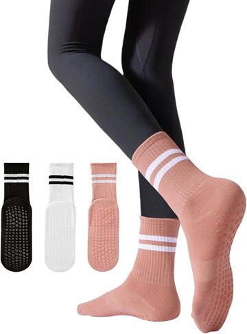 Moon Wood 3 Pairs Pilates Socks with Grips for Women Non Slip Yoga Socks for Barre Ballet Workout Slips Thin Summer Crew Sock in Kuwait