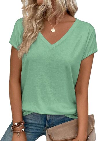 Womens V Neck T Shirts Short Sleeve Summer Tops Casual Basic Tee Shirt 2025 Trendy Fashion Clothes in Kuwait