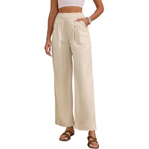Women's High Waisted Wide Leg Pants 2025 Summer Casual Palazzo Pants Lounge Flowy Beach Trousers with Pockets Khaki