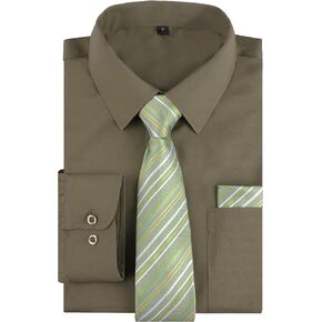 alizeal 3pcs قميص ملابس رجالي مع ربطة عنق جيب مربعة مجموعة كلاسيكية طويلة الأكمام طويلة الأكمام مطابقة زر العنق أسفل القميص in Kuwait