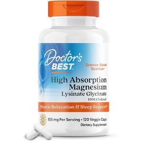 Doctor's Best High Absorption Magnesium Lysinate Glycinate Capsule, Easy to Swallow, 120 Ct