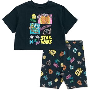 STAR WARS Girls Drop Shoulder T-Shirt and Bike Shorts Outfit Set Toddler to Big Kid Sizes (2T - 14-16)