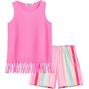 Arshiner Girls Summer Outfits Sleeveless Fringe Tank Top and Elastic Waist Pocketed Shorts Set Girl Clothes 6-14 Years