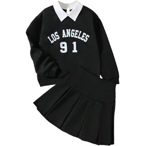 SOLY HUX Girl's Sweatsuit Letter Graphic Collared Long Sleeve Sweatshirt Pleated Skirts Fall 2 Piece Outfits