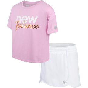 New Balance Girls' Scooter Set - 2 Piece Fleece Short Sleeve Graphic Tee and Activewear Skorts for Girls (Sizes: 7-12) in Kuwait
