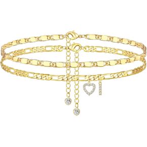 Ankle Bracelets for Women,14K Gold Plated Initial Anklets Dainty Heart Letter Ankle Bracelets Layered Gold Anklets for Women Non Tarnish A to Z Summer Beach Jewelry