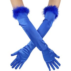 Long Satin Opera Gloves with Feather Trim, 1920s 20s Evening Bridal Wedding Tea Party Elbow Length Gloves for Women