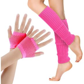 Yolev 2 Pairs Neon Leg Warmers and Fishnet Gloves 80s Fancy Dress Costume Accessories Stretchy Mesh Fingerless Gloves