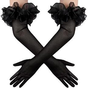 Women's Long Puff Sleeve Oversize Ruffle Cuff Sheer Gloves Tulle Mesh Gloves Wedding Opera Party Costume Gloves