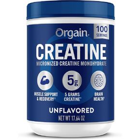 Orgain Creatine Monohydrate Micronized Powder, Unflavored, Supports Muscle Growth, Post Workout Recovery and Brain Health, No Artifical Additives, Non-GMO, 100 Servings, 17.64 Oz