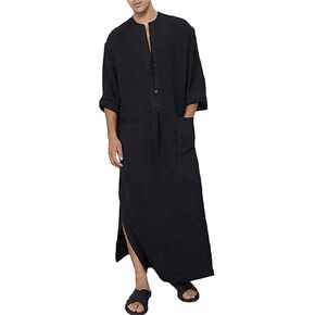 YAOHUOLE Men's Kaftan Thobe Long Sleeve Muslim Robe Button Up Side Split Kaftan Thobe with Pockets