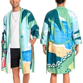 OLAOLA Men Lightweight Kimono Robe with Belt Japanese Style Robe Jacket Casual Open Front Long Cardigan Cape Coat Outwear