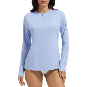 باليف للسيدات 1/4 Zip Rash Guard قمصان السباحة مع سستة الجيب UPF 50+ Long Sleeve حماية من أشعة الشمس قمم السباحة