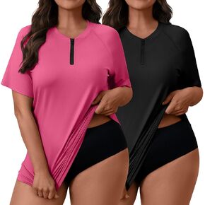 2 Pack Women's Plus Size Quick Dry Rash Guard Half Zip Swimsuit Short Sleeve Swim Shirt Tops Sun Protection