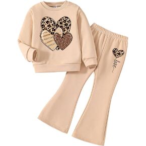 Toddler Girl Suit Heart Graphic Print Set - Sweatshirt & Flared Pants - 2 Piece Girls Pant Outfits (3-7 T)