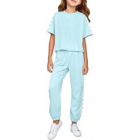 Haloumoning Kids 2 Piece Outfits Girls Summer Plaid Short Sleeve T-Shirts and Pants Set Fashion Clothing Sets